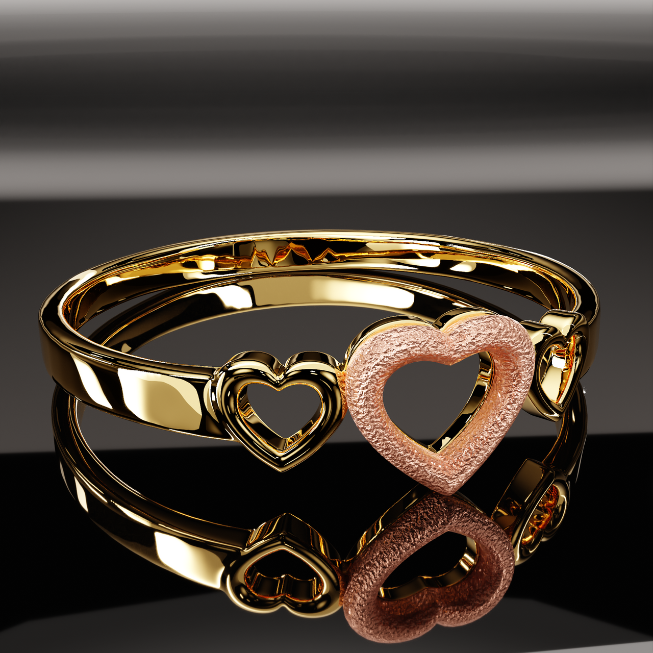 Ladies 14K Yellow and Rose Gold Triple Heart Ring