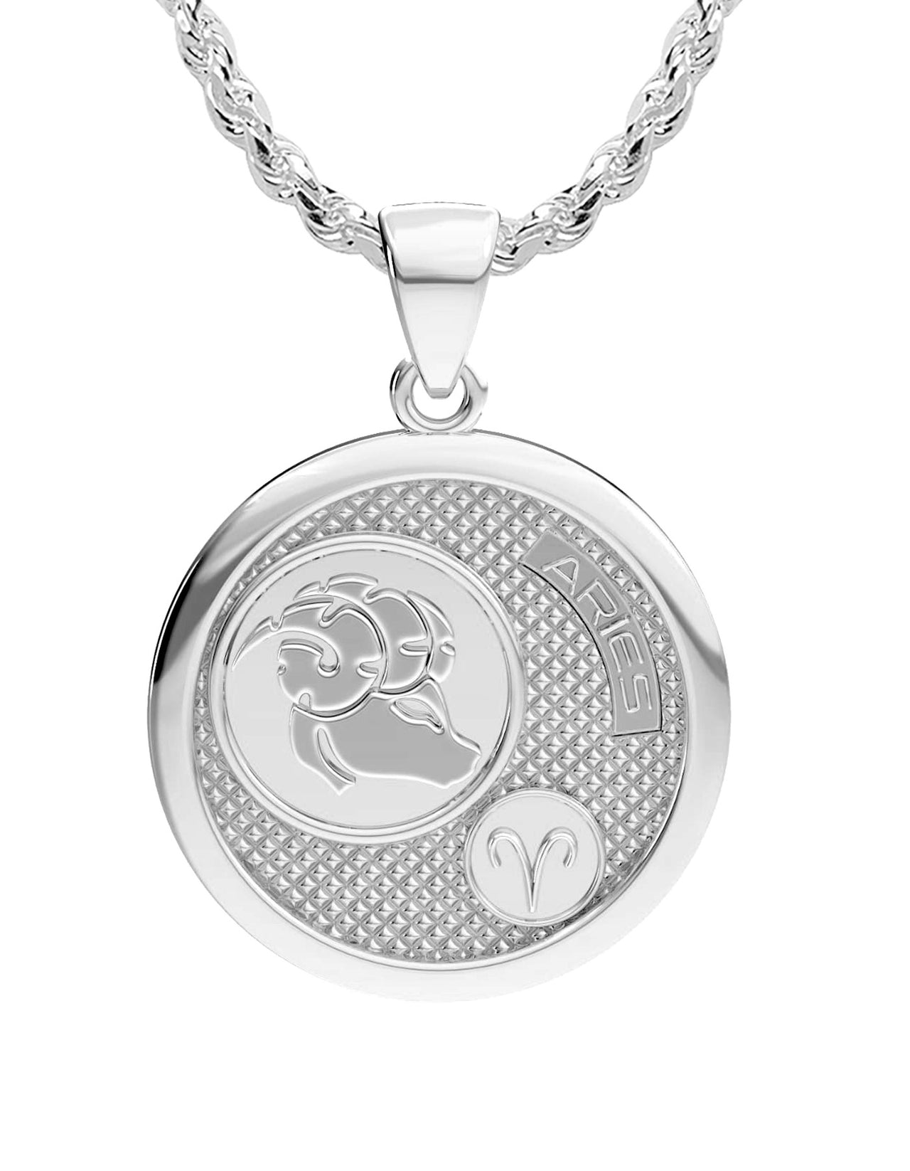 Ladies 925 Sterling Silver Round Aries Zodiac Polished Finish Pendant Necklace, 25mm