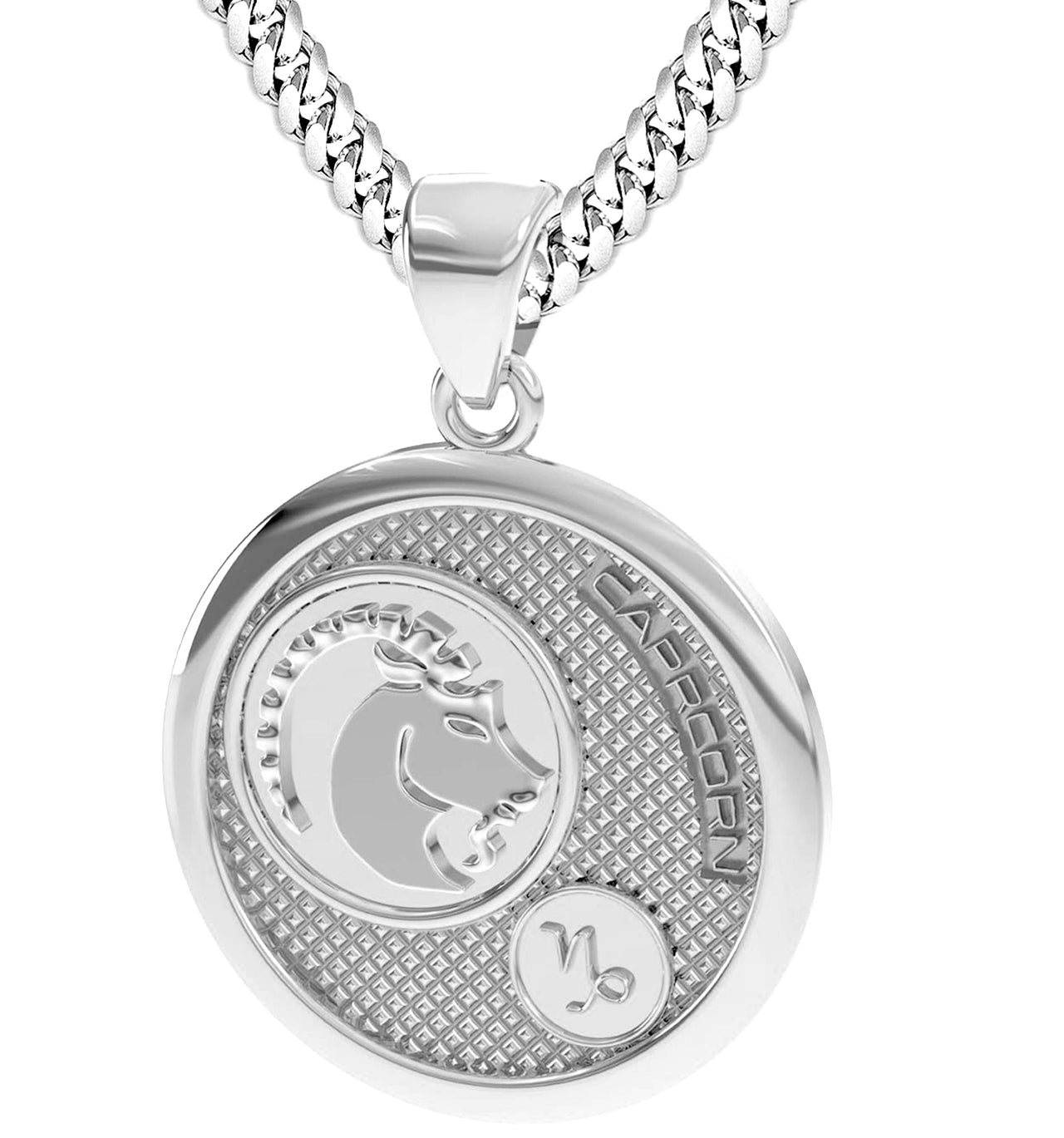 Men's 925 Sterling Silver Round Capricorn Zodiac Polished Finish Pendant Necklace, 33mm