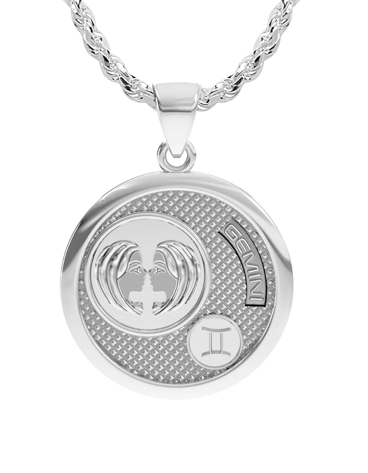 Ladies 925 Sterling Silver Round Gemini Zodiac Polished Finish Pendant Necklace, 25mm