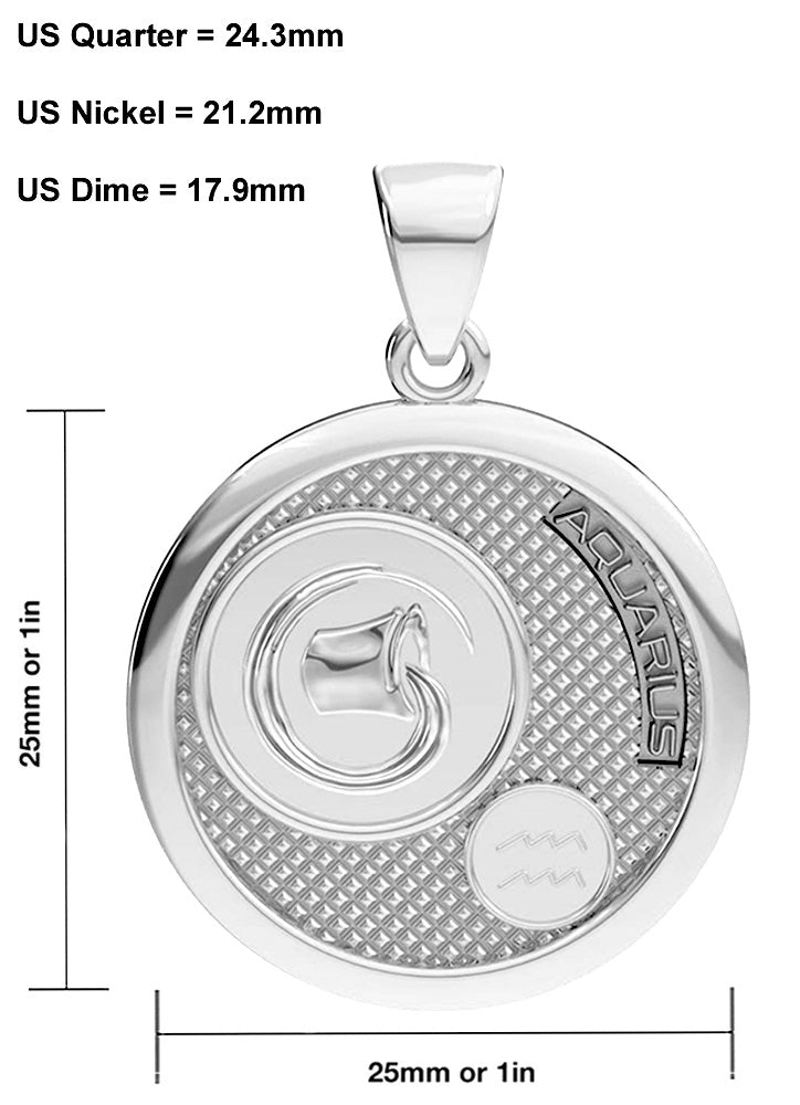 Ladies 925 Sterling Silver Round Aquarius Zodiac Polished Pendant Necklace, 25mm
