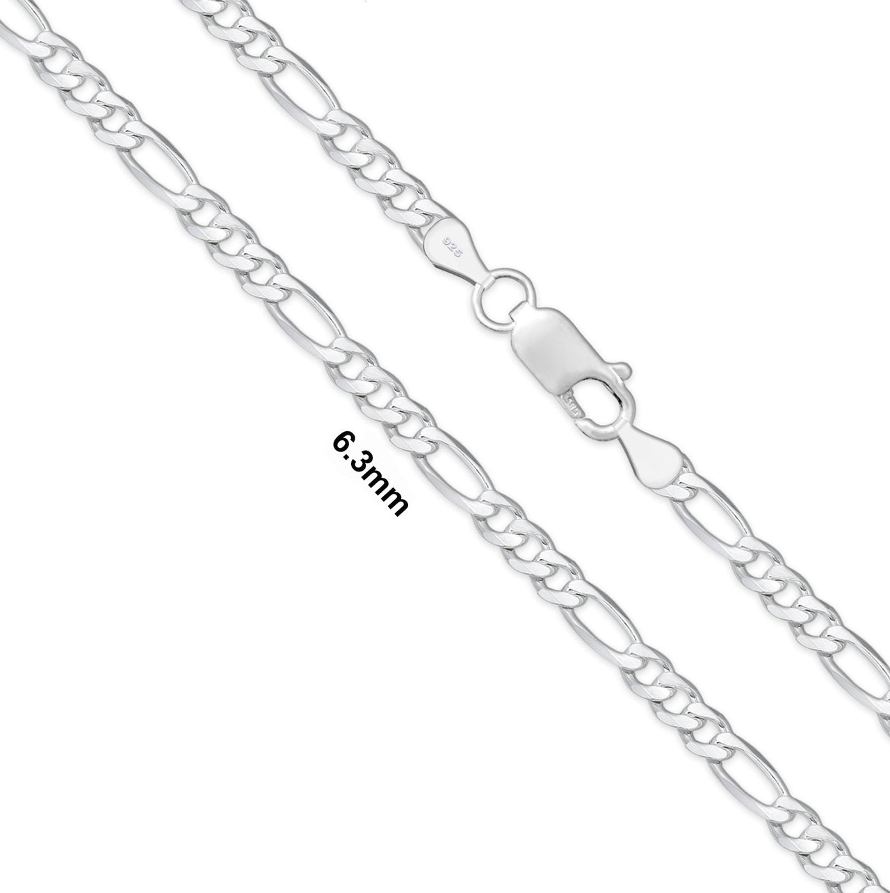 Solid 925 Sterling Silver Figaro Chain Necklace, Sizes 2.6mm - 10mm