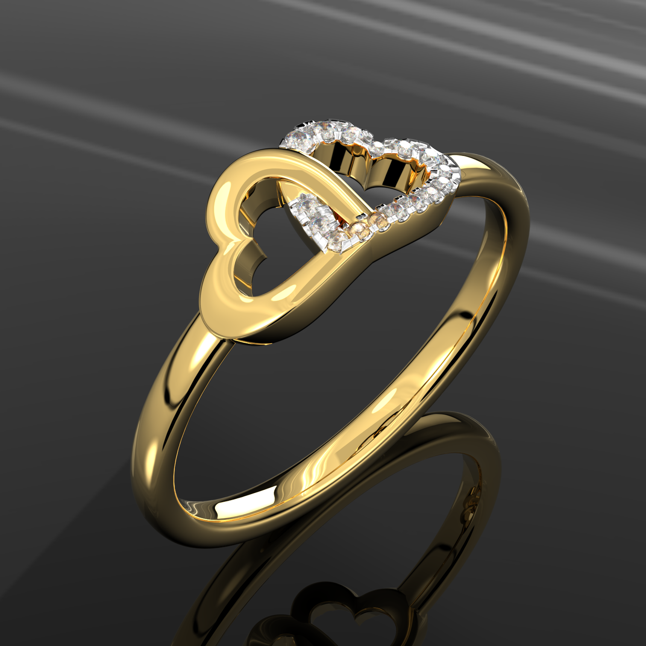 Ladies 14K Yellow Gold Double Dual Heart Diamond Ring