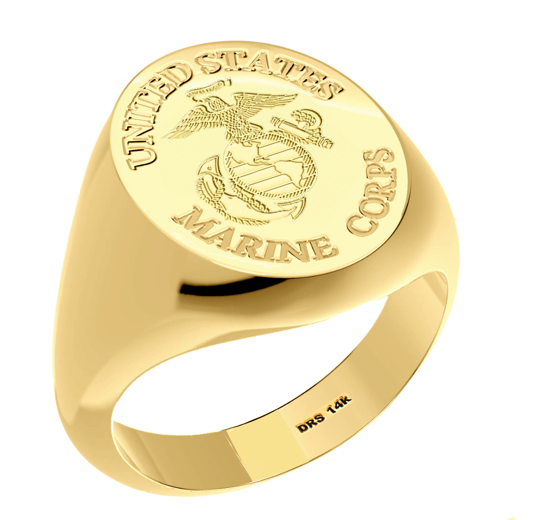 Men's 10k or 14k Yellow or White Gold US Marine Corps USMC Signet Ring Band