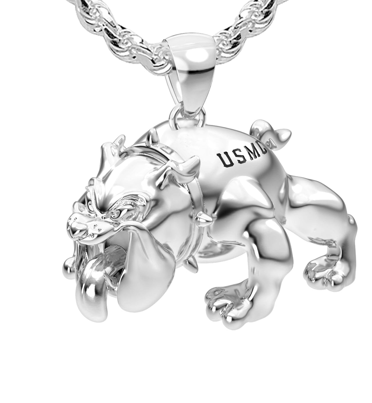 Men's XL Heavy Solid 925 Sterling Silver Marine Corps USMC Devil Dog Pendant Necklace, 55g