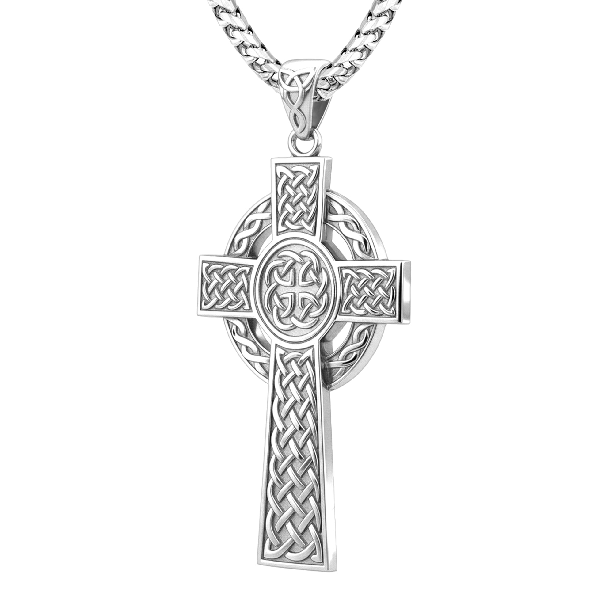 Large 925 Sterling Silver Irish Celtic Cross Pendant Necklace, 43mm