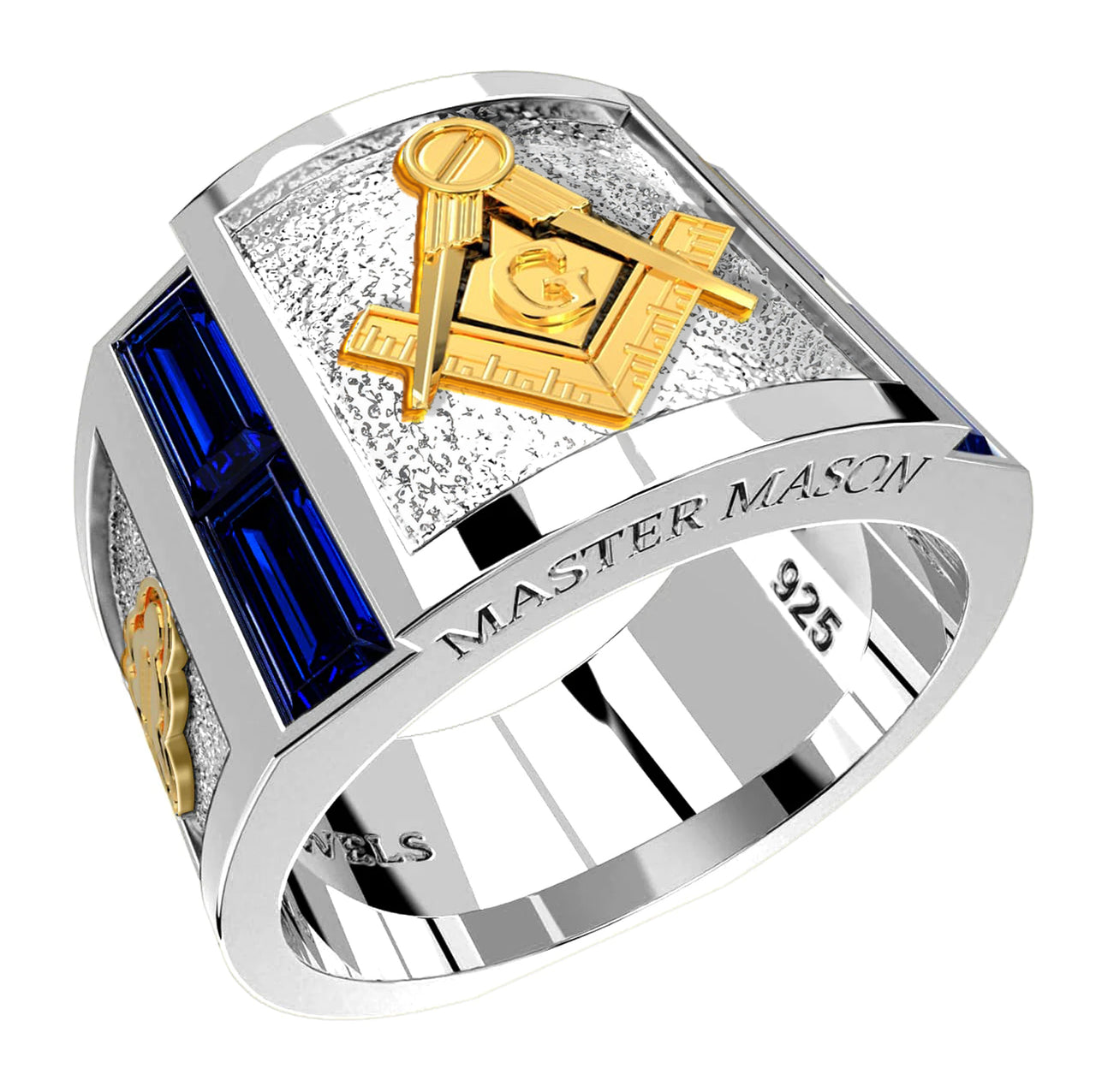 Men's Master Mason Two Tone 925 Sterling Silver and 14k Gold Synthetic Sapphire Ring