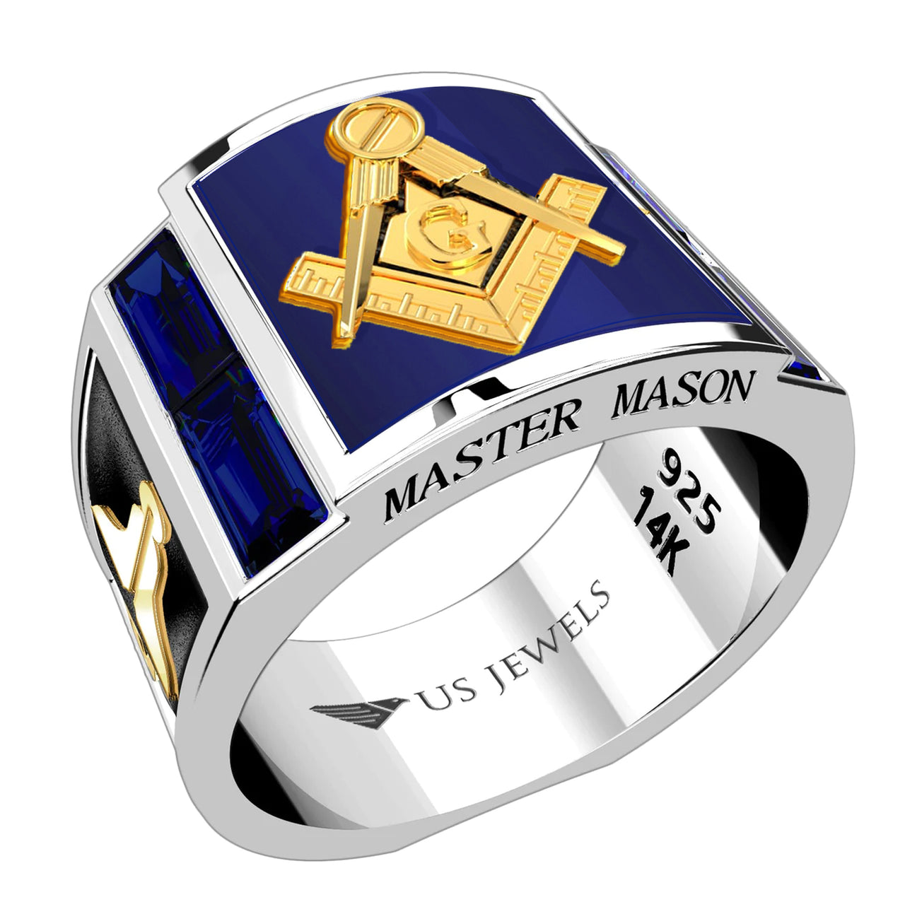 Men's 925 Sterling Silver & 14k Blue Sapphire and Lapis Master Mason Masonic Ring