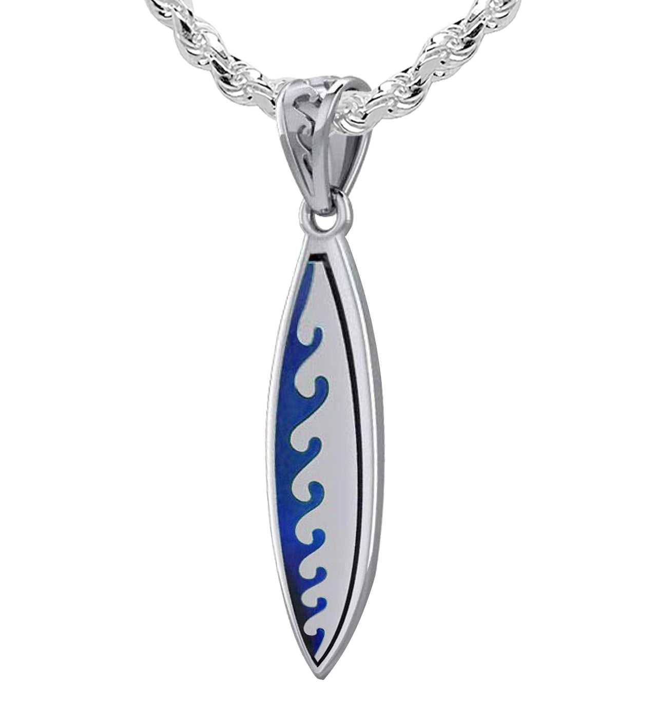 Men's XL Heavy Solid 2in 925 Sterling Silver Wave Surfboard Pendant Necklace, 53mm
