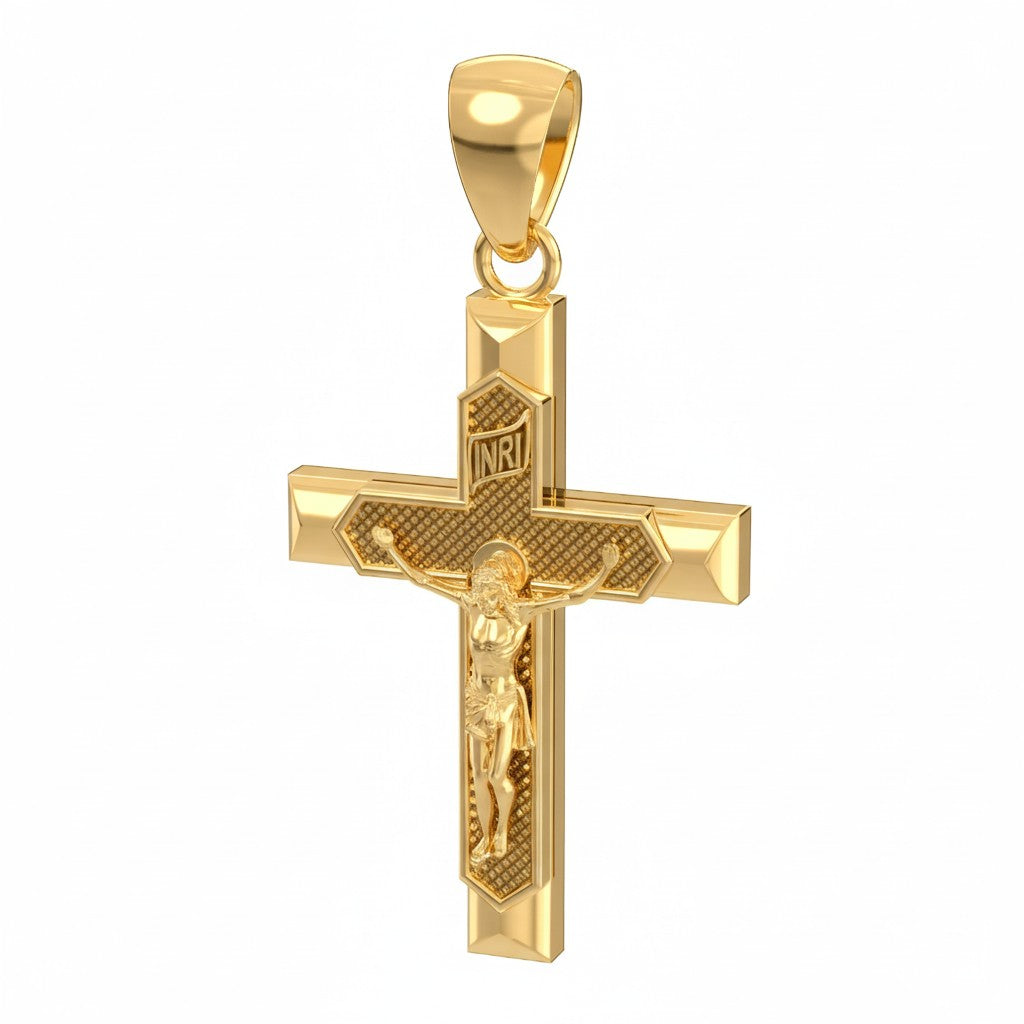 Christian Cross Necklace Men Pendant In Yellow Gold