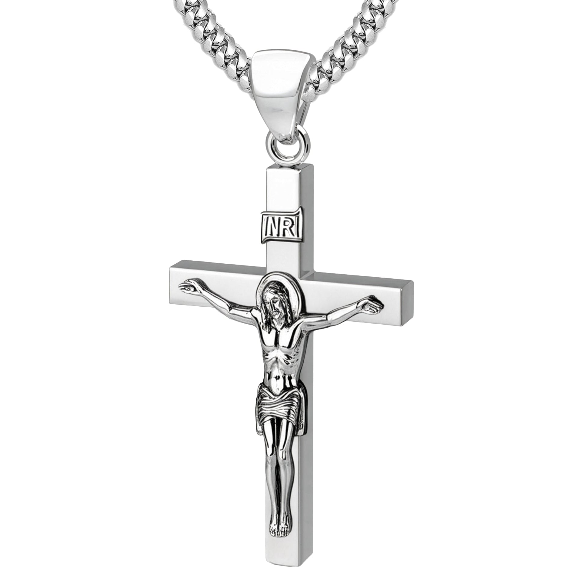 thumbnail interactive-video image 1 of Heavy 925 Sterling Silver Crucifix Pendant Necklace - 16, 18, 20, Or 22 Inch Chain - Jewellerybox 1 of 6