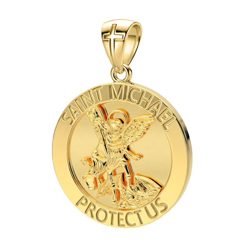 Gold Saint Michael Round Pendant Necklace in 10k or 14k, 25mm