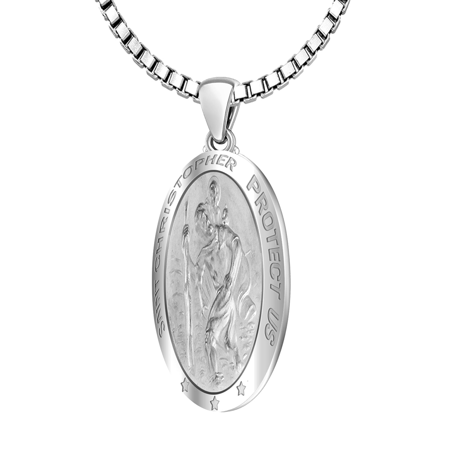 14k White Gold St Christopher Oval Polished 1in Hollow Pendant Necklace - US Jewels