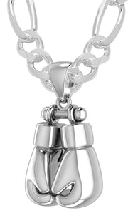 32mm 3D 925 Sterling Silver Double Boxing Glove Pendant Necklace, 54g - US Jewels
