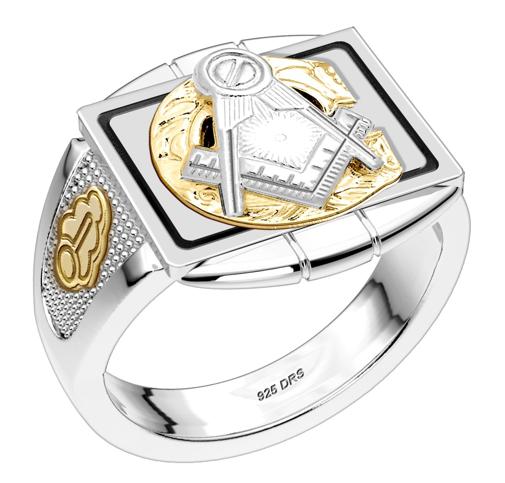 925 Sterling Silver Customizable Masonic Solid Back Ring with Optional 10k or 14k Gold - US Jewels