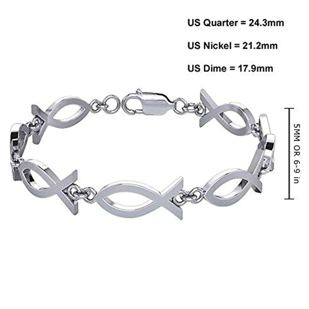925 Sterling Silver Ichthys Religious Jesus Fish Link Bracelet - US Jewels