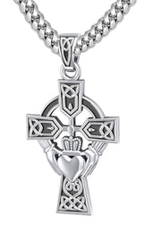 925 Sterling Silver Irish Celtic and Claddagh Cross Pendant Necklace - US Jewels