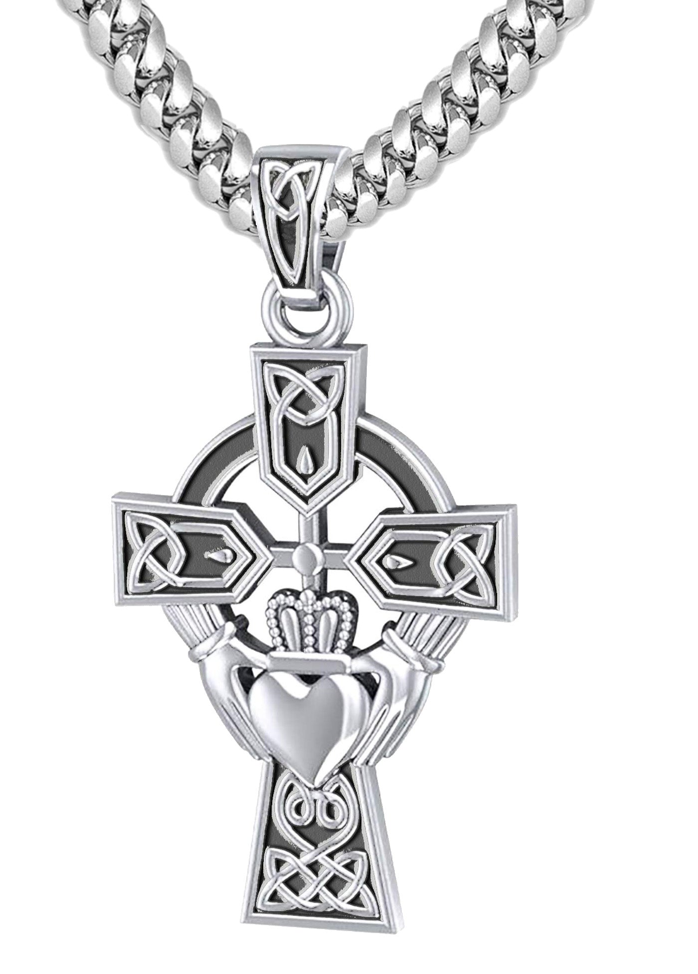 925 Sterling Silver Irish Celtic and Claddagh Cross Pendant Necklace - US Jewels