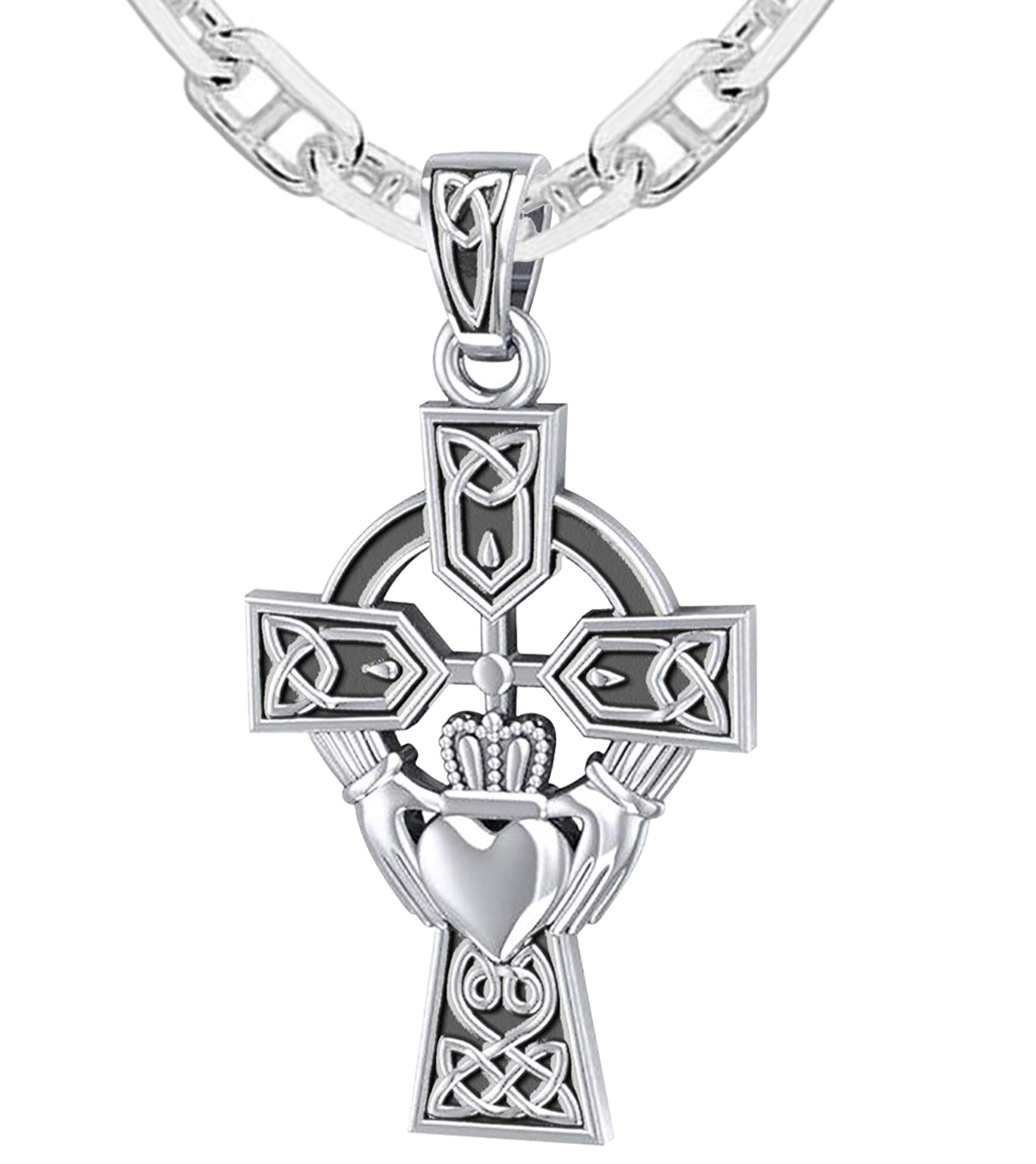 925 Sterling Silver Irish Celtic and Claddagh Cross Pendant Necklace - US Jewels