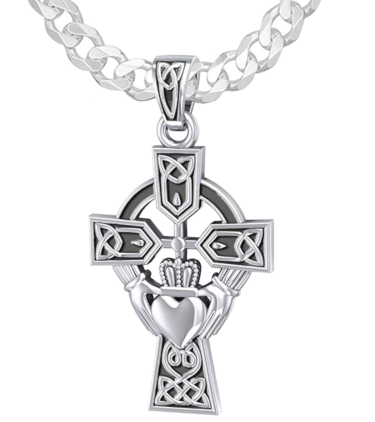 925 Sterling Silver Irish Celtic and Claddagh Cross Pendant Necklace - US Jewels