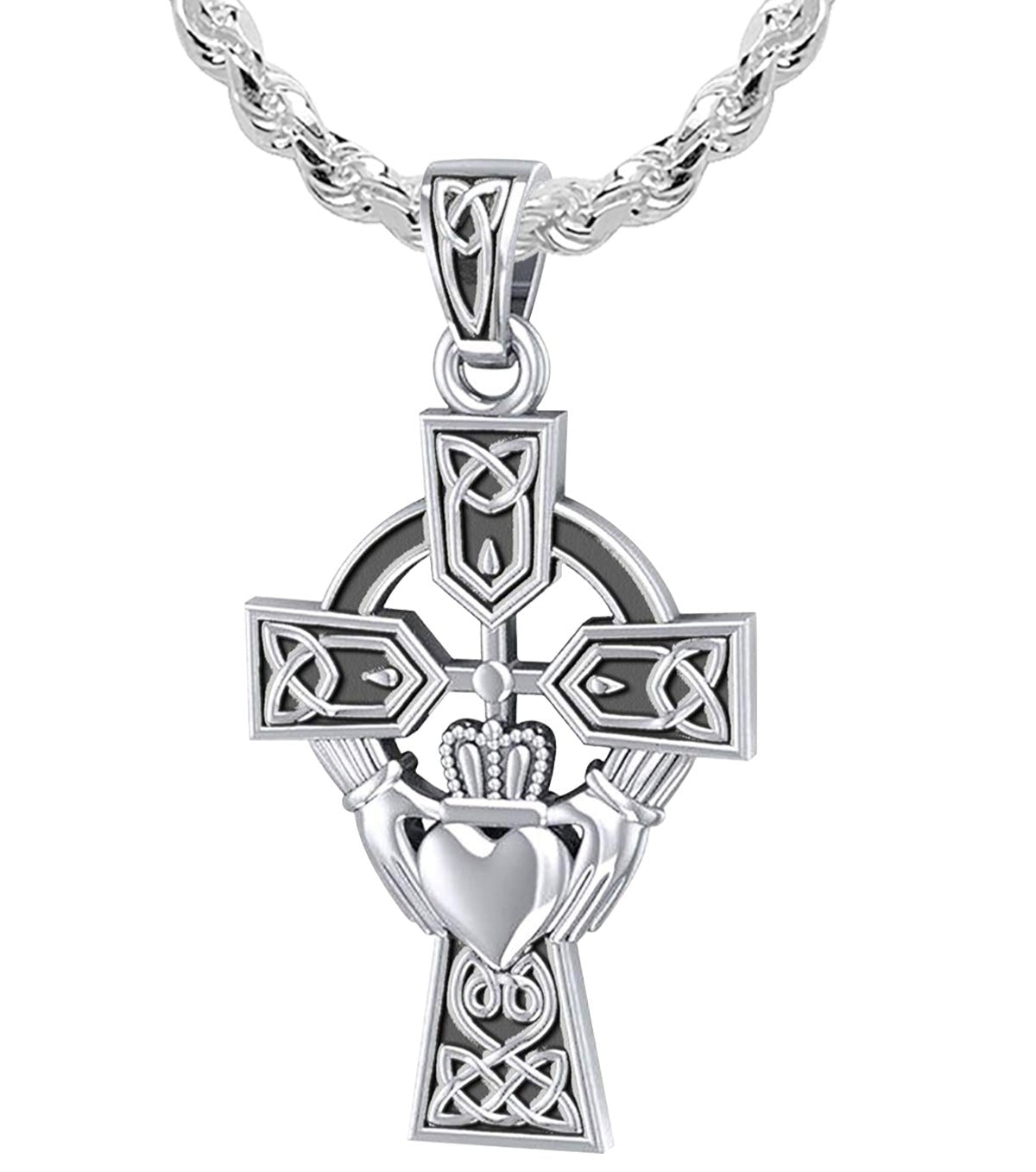 925 Sterling Silver Irish Celtic and Claddagh Cross Pendant Necklace - US Jewels