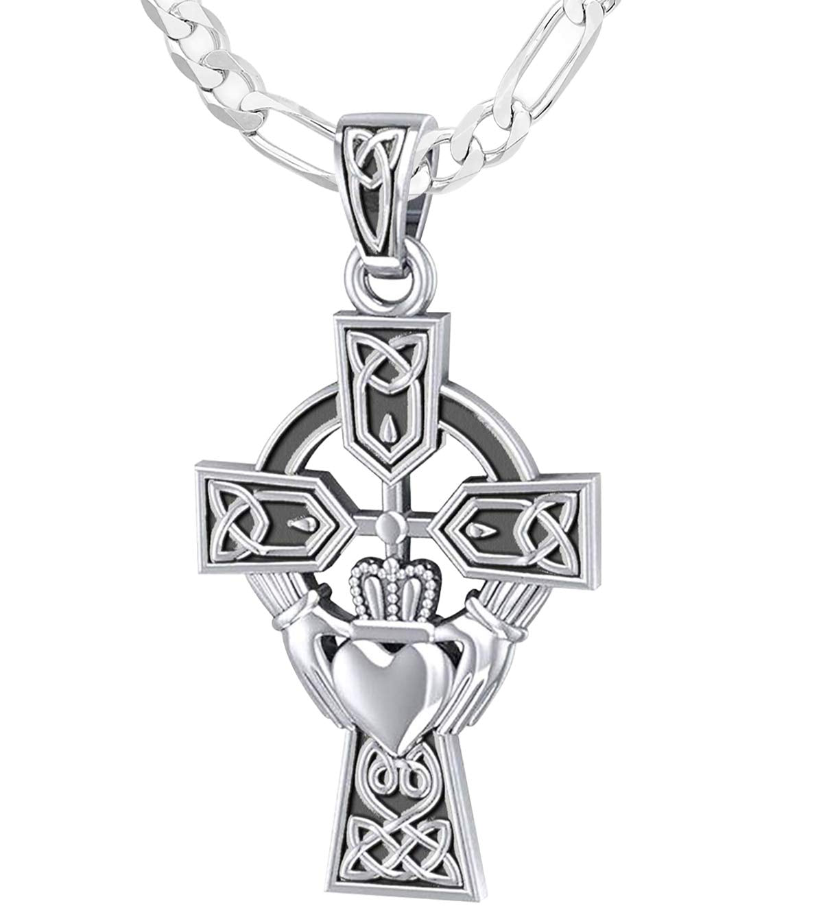 925 Sterling Silver Irish Celtic and Claddagh Cross Pendant Necklace - US Jewels