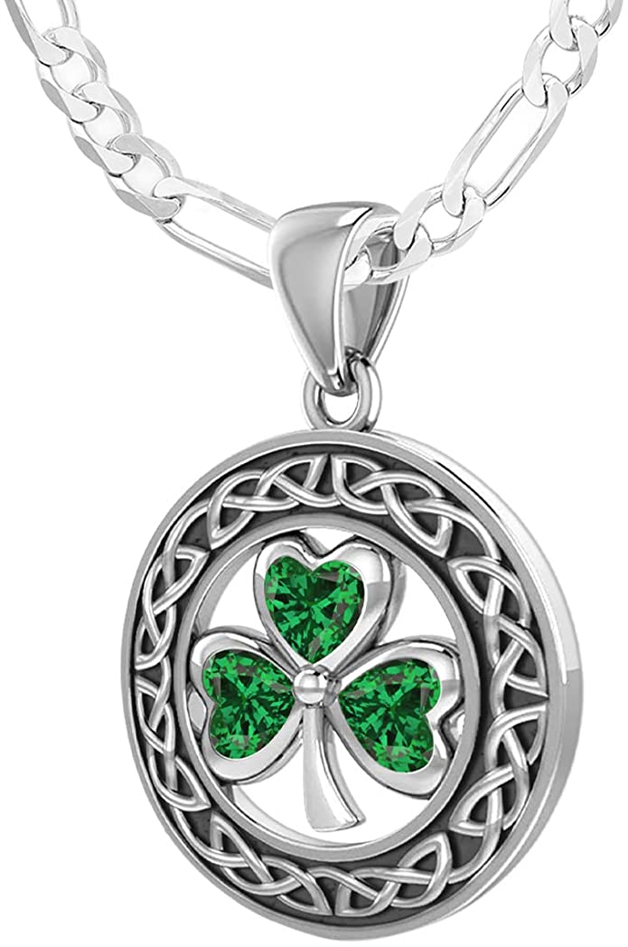 925 Sterling Silver Irish Celtic Shamrock Clover Birthstone Pendant Necklace - US Jewels