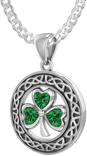 925 Sterling Silver Irish Celtic Shamrock Clover Birthstone Pendant Necklace - US Jewels