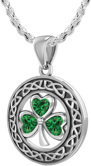 925 Sterling Silver Irish Celtic Shamrock Clover Birthstone Pendant Necklace - US Jewels
