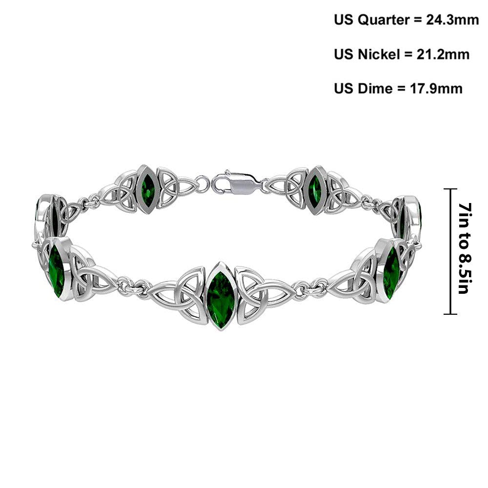 925 Sterling Silver Irish Celtic Trinity Knot Simulated Emerald Glass Bracelet - US Jewels