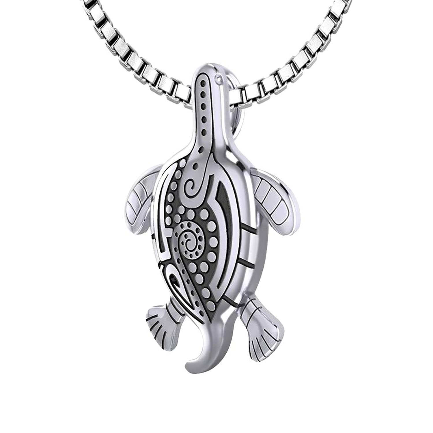 925 Sterling Silver Tribal Tattoo Sea Turtle Animal Pendant with Necklace - US Jewels