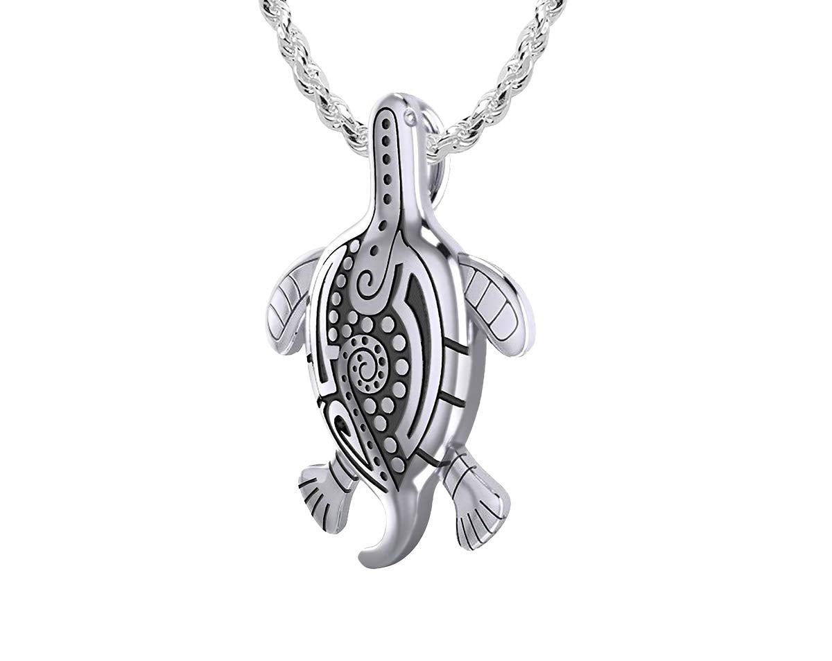 925 Sterling Silver Tribal Tattoo Sea Turtle Animal Pendant with Necklace - US Jewels