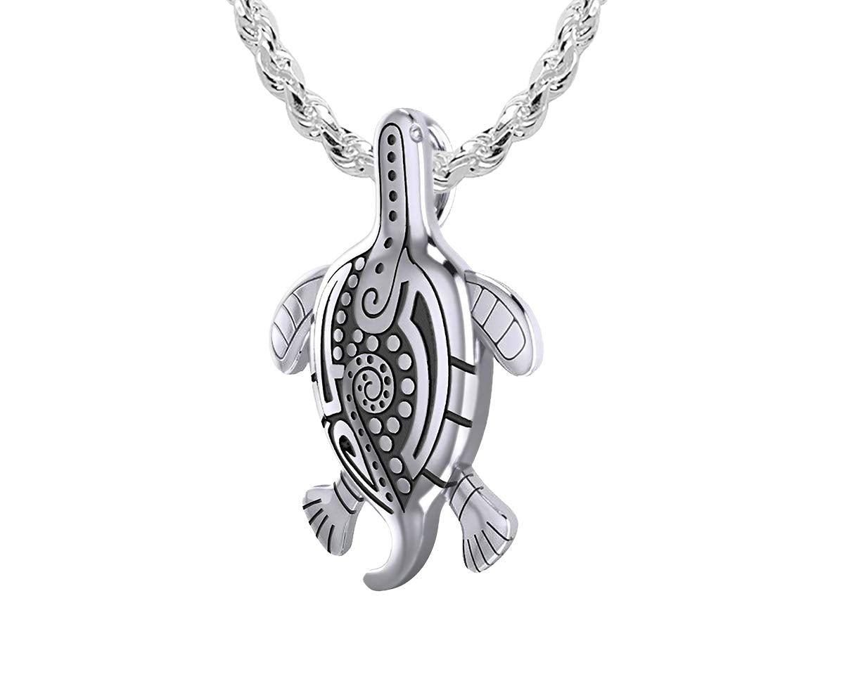 925 Sterling Silver Tribal Tattoo Sea Turtle Animal Pendant with Necklace - US Jewels