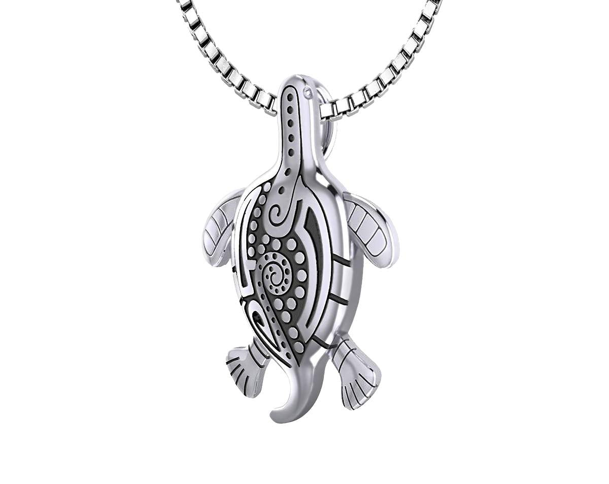 925 Sterling Silver Tribal Tattoo Sea Turtle Animal Pendant with Necklace - US Jewels