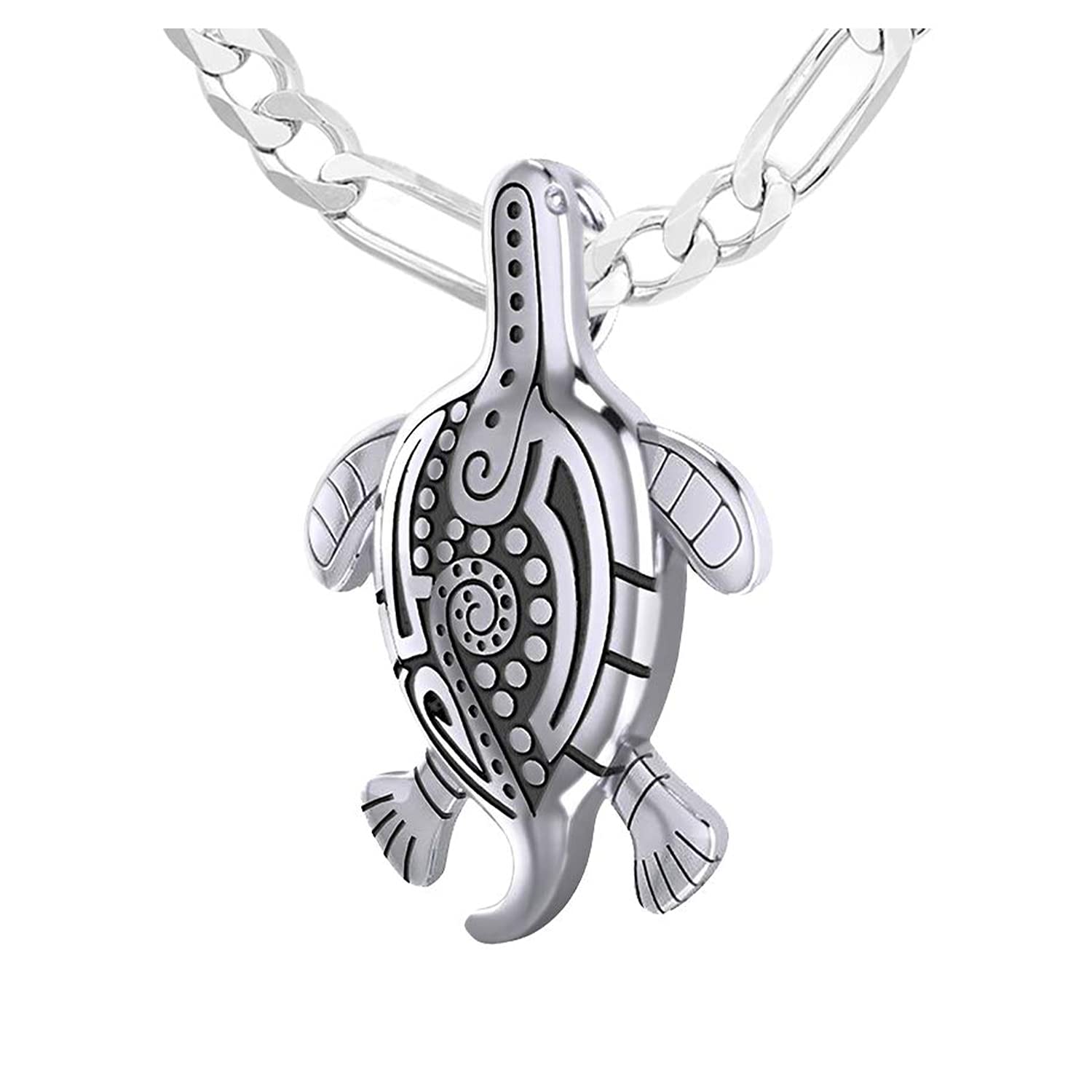 925 Sterling Silver Tribal Tattoo Sea Turtle Animal Pendant with Necklace - US Jewels