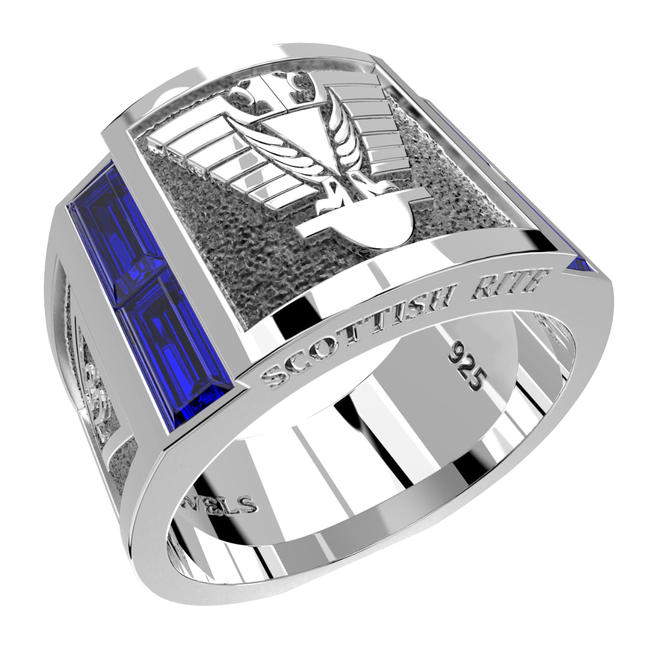 Men's Scottish Rite 925 Sterling Silver Synthetic Sapphire Masonic Ring