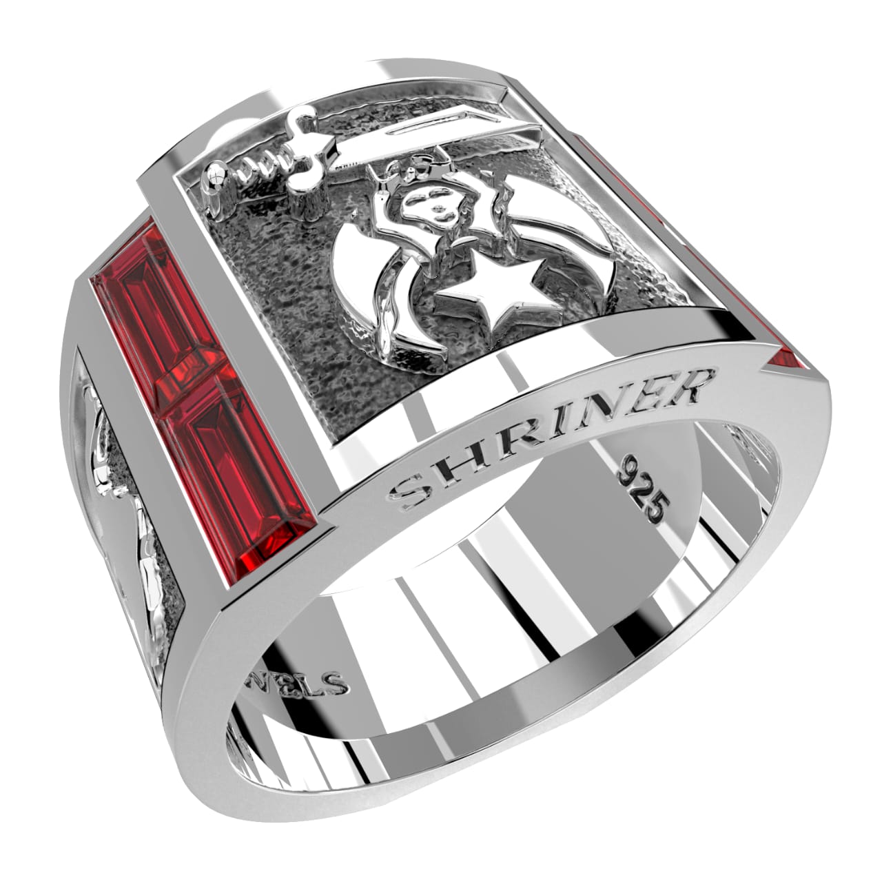 Men's Shriner 925 Sterling Silver Synthetic Rubies Freemason Masonic Ring