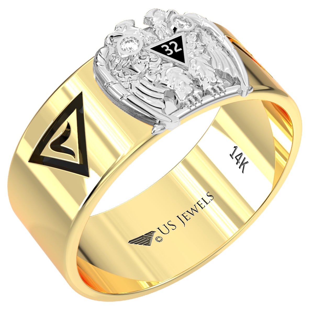 Customizable 14k White or Yellow Gold Scottish Rite 32nd Degree Masonic Ring - US Jewels