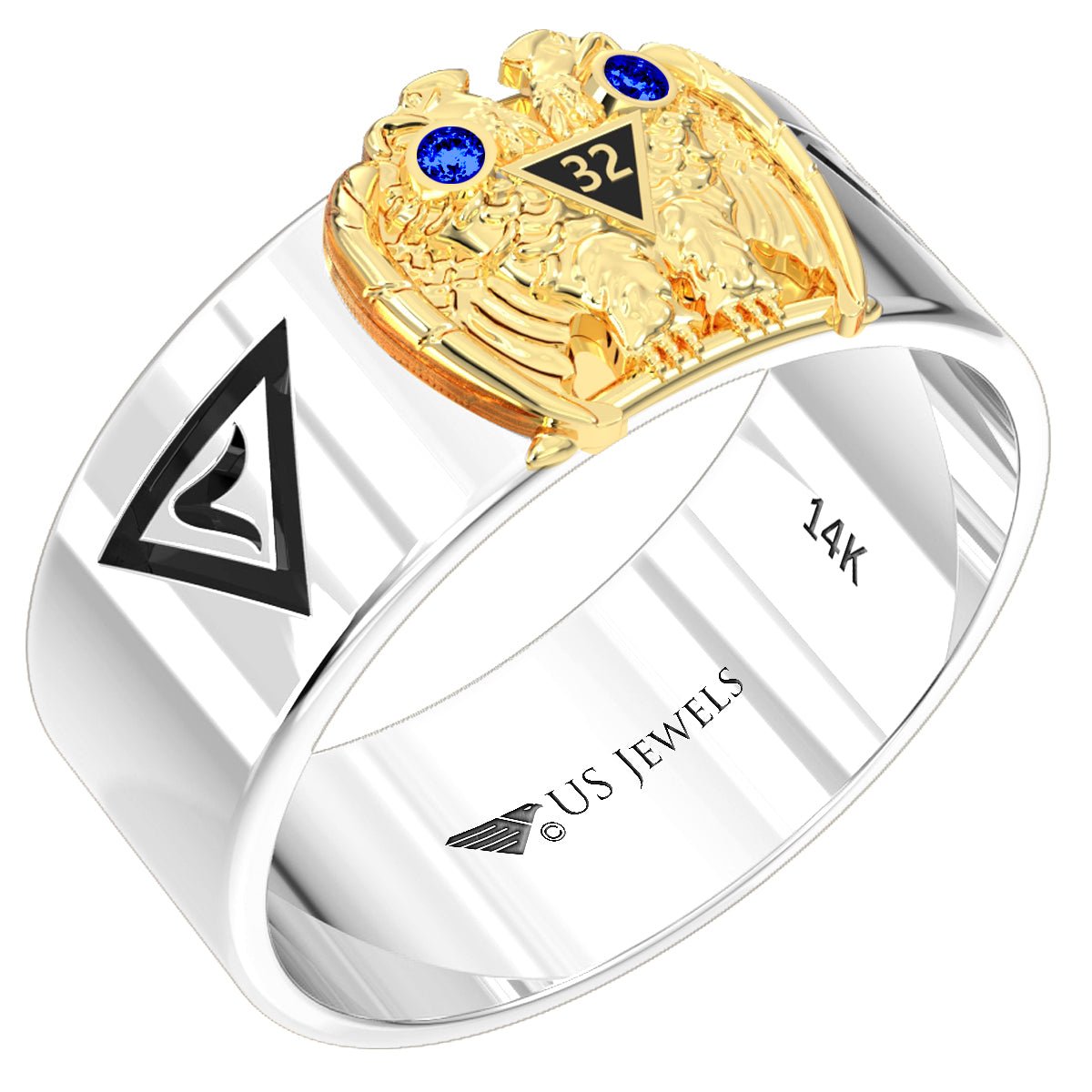 Customizable 14k White or Yellow Gold Scottish Rite 32nd Degree Masonic Ring - US Jewels