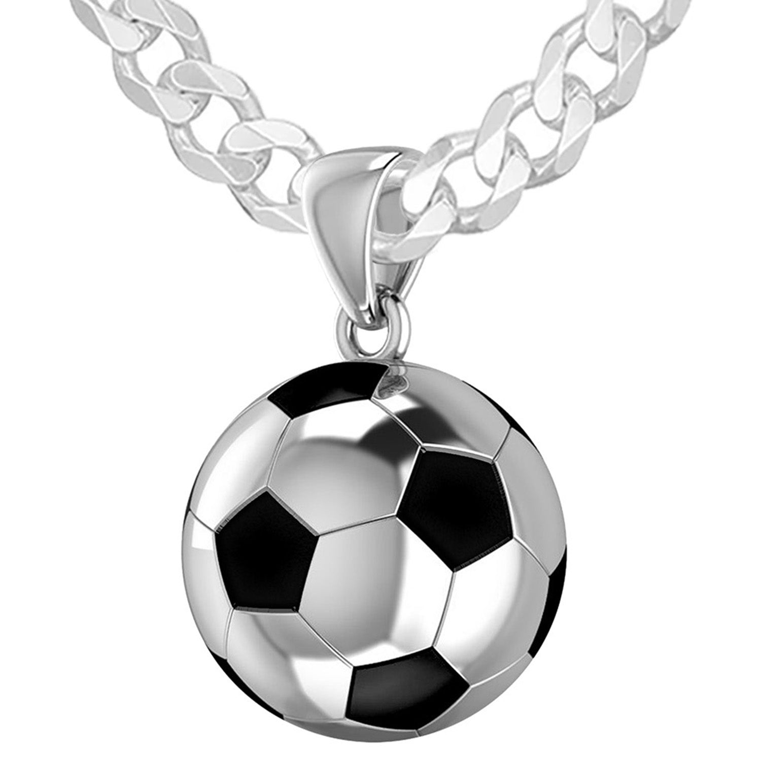 Extra Large 925 Sterling Silver 3D Soccer Ball Football Pendant Necklace, 25mm - US Jewels
