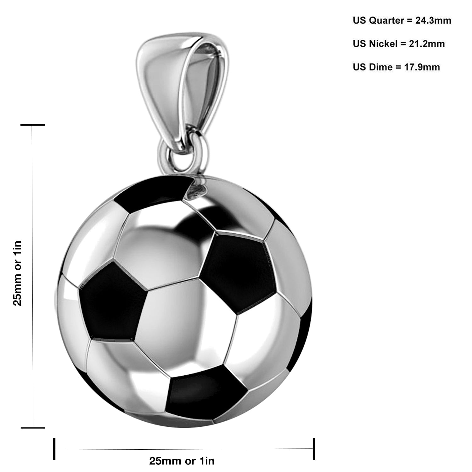 Extra Large 925 Sterling Silver 3D Soccer Ball Football Pendant Necklace, 25mm - US Jewels