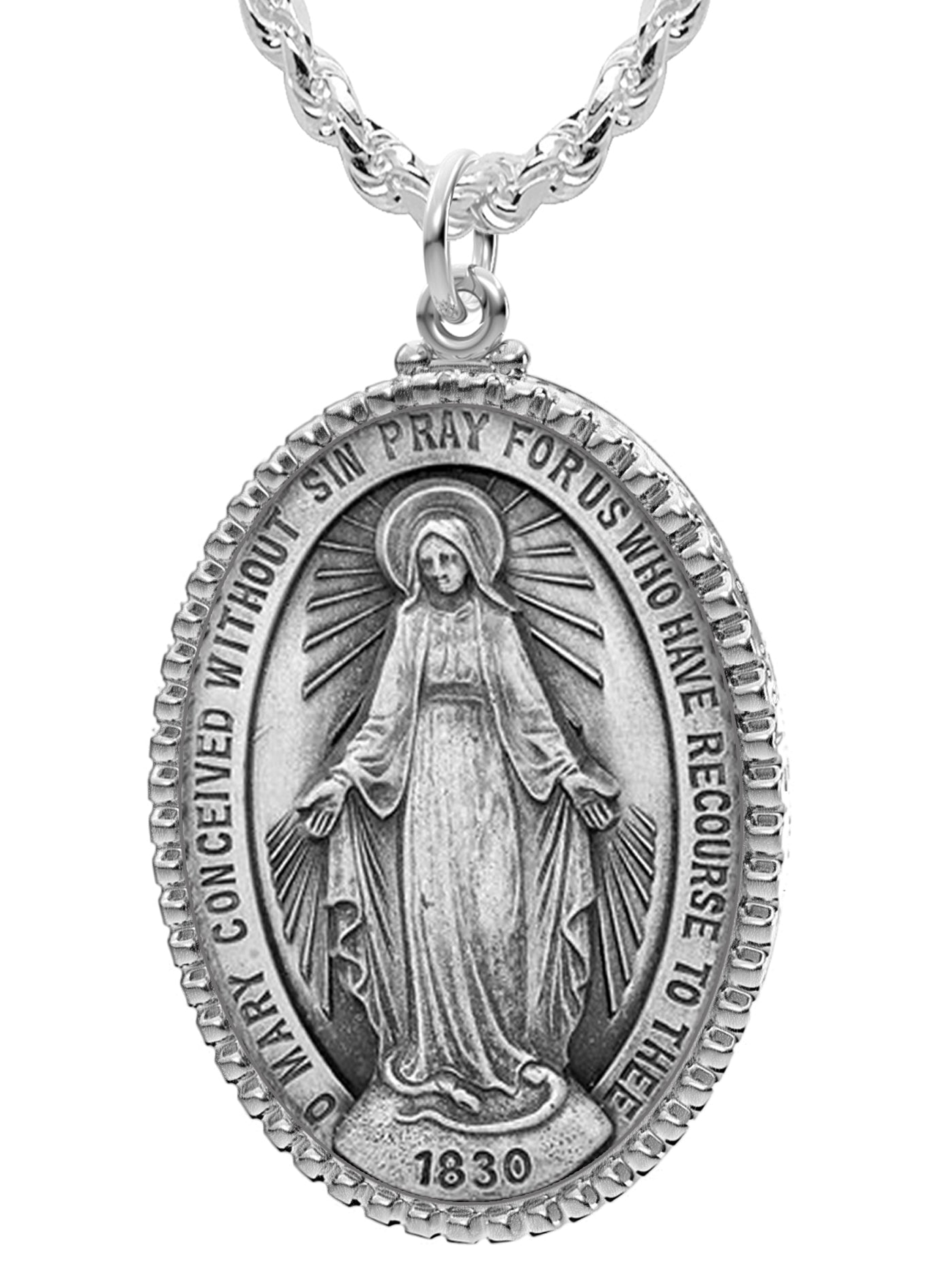 Extra Large Ladies 925 Sterling Silver Oval Miraculous Virgin Mary Medal Pendant Necklace, 39mm - US Jewels