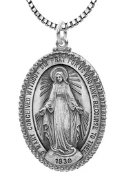 Extra Large Ladies 925 Sterling Silver Oval Miraculous Virgin Mary Medal Pendant Necklace, 39mm - US Jewels