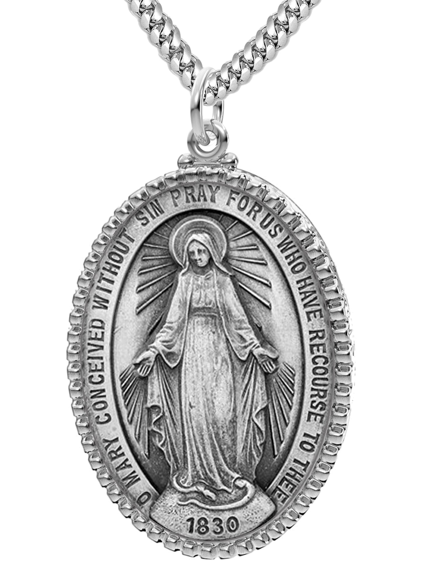 Extra Large Ladies 925 Sterling Silver Oval Miraculous Virgin Mary Medal Pendant Necklace, 39mm - US Jewels