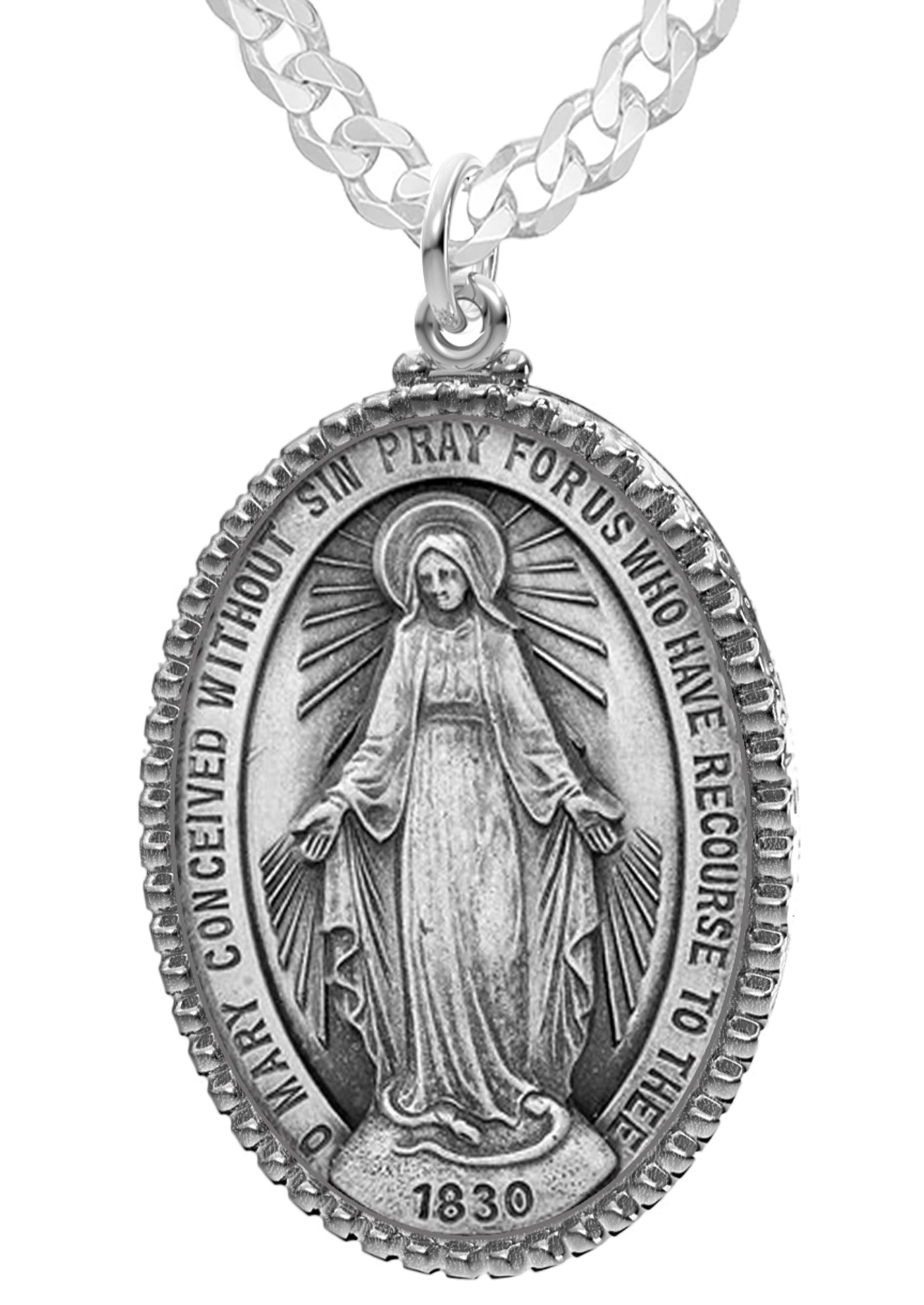 Extra Large Ladies 925 Sterling Silver Oval Miraculous Virgin Mary Medal Pendant Necklace, 39mm - US Jewels