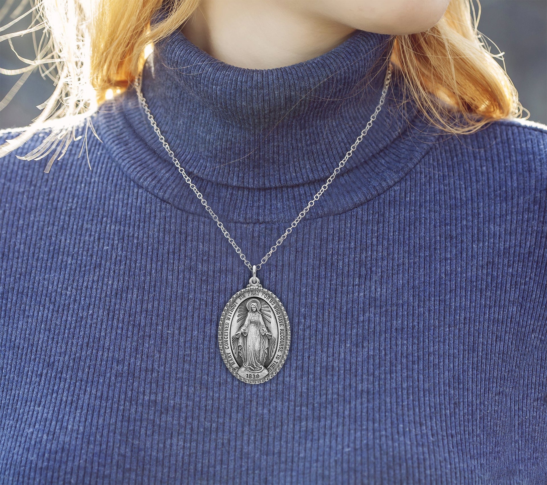 Extra Large Ladies 925 Sterling Silver Oval Miraculous Virgin Mary Medal Pendant Necklace, 39mm - US Jewels