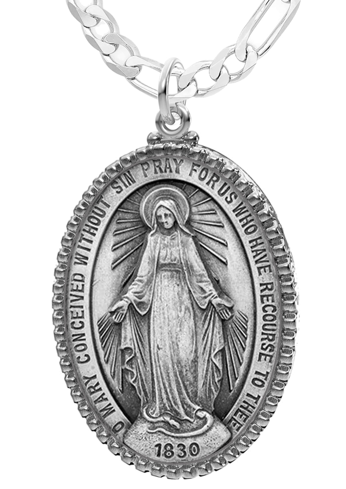 Extra Large Ladies 925 Sterling Silver Oval Miraculous Virgin Mary Medal Pendant Necklace, 39mm - US Jewels