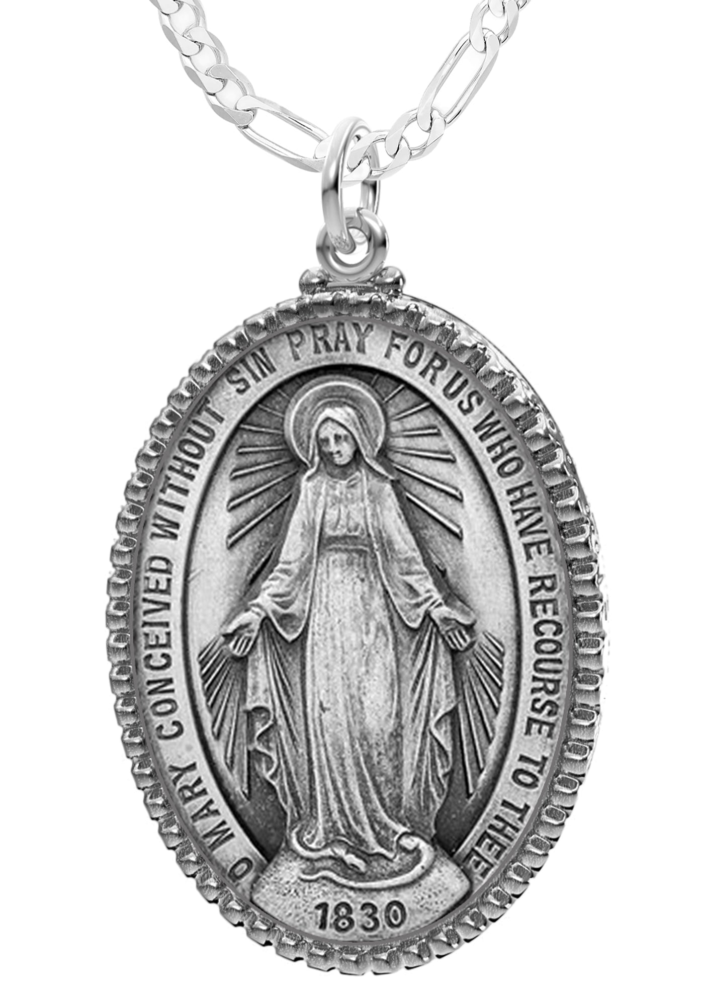 Virgin Mary Necklace - Silver Pendant in Antique Finish 20in 2.4mm Rope Chain