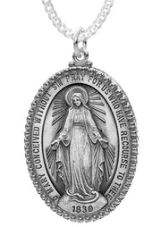 Extra Large Ladies 925 Sterling Silver Oval Miraculous Virgin Mary Medal Pendant Necklace, 39mm - US Jewels