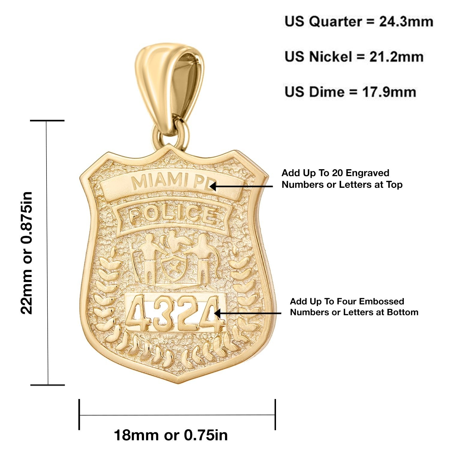 Ladies 14K Yellow Gold Customizable Police Badge Pendant Necklace, 22mm - US Jewels